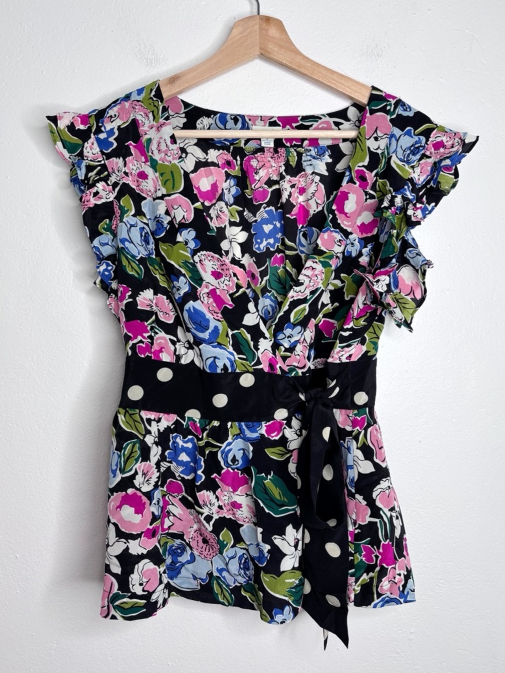 ANTHRO Odille Ruffle Sleeve Floral Polka Dot Silk Wrap Top Size 6 EUC